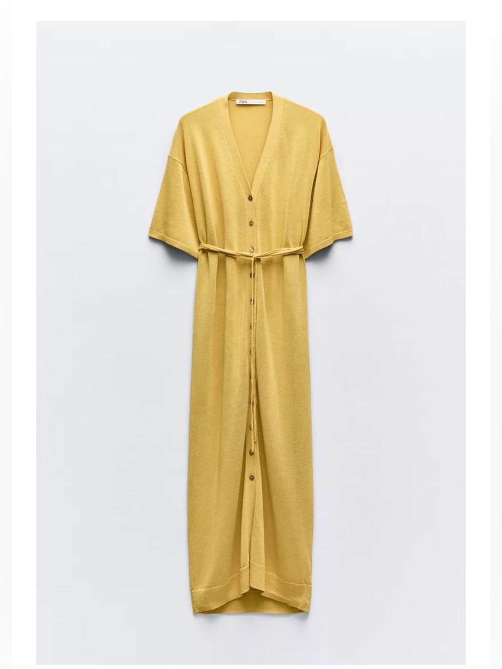 ZARA Button-Front Yellow Maxi Knit Dress with Tie Waist